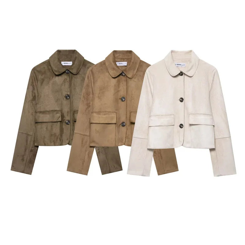 Charlee – Women’s Faux Suede Cropped Jacket with Lapel and Flap Pockets