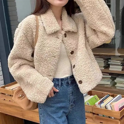 Eve – Women’s Faux Shearling Cropped Jacket with Button Front