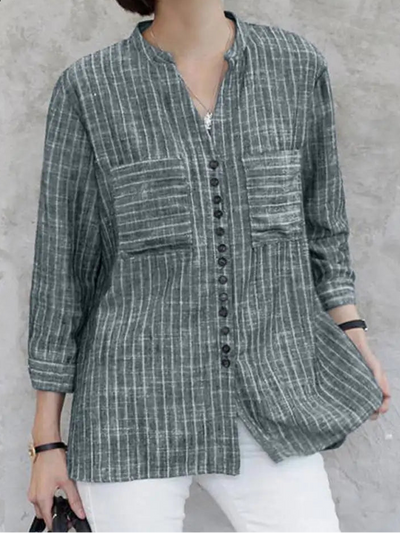 Drew – Women’s Vintage Striped Cotton Blouse V-Neck 3/4 Sleeve