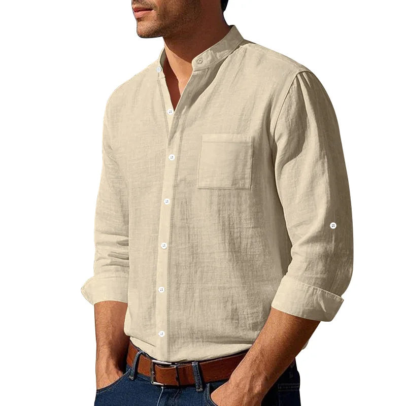 Michael – Men’s Linen Mandarin Collar Shirt with Chest Pocket