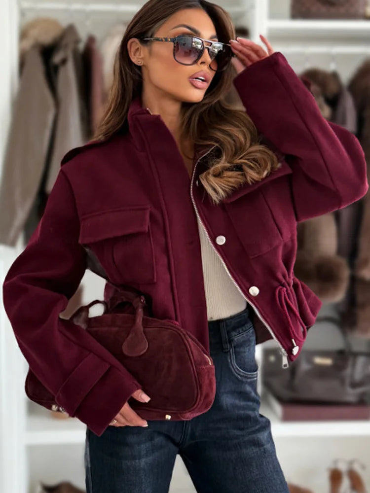 Fiona – Women’s Utility Zip Jacket with Drawstring Waist and Stand Collar