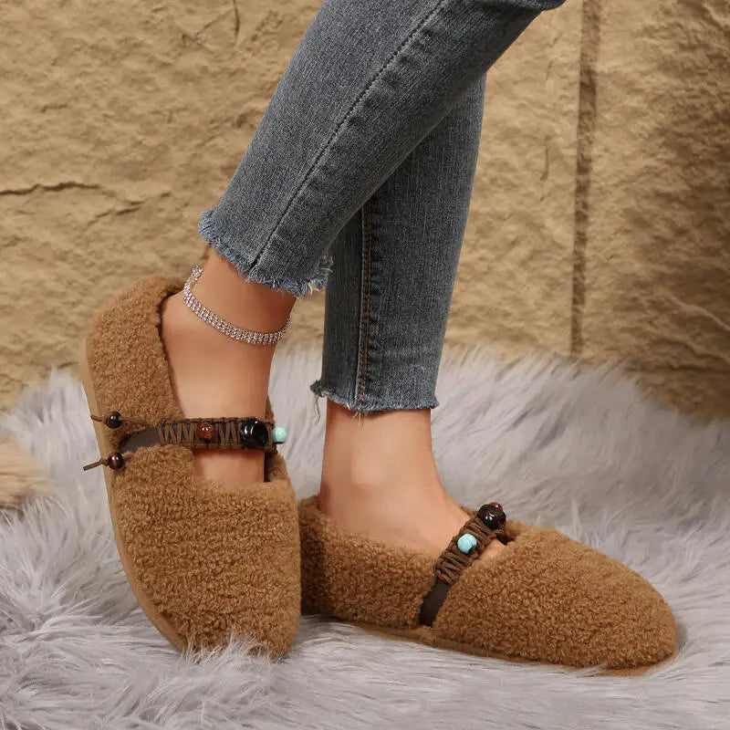 Christa – Women’s Plush Fur Ballet Flats with Coloured Beads