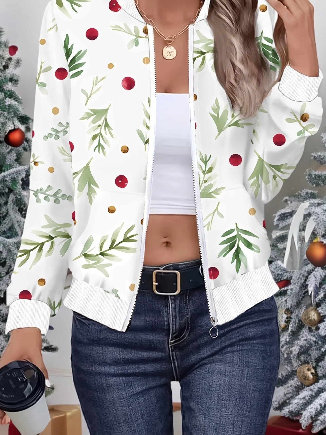 Leona – Women’s Botanical Print Zip-Up Bomber Jacket