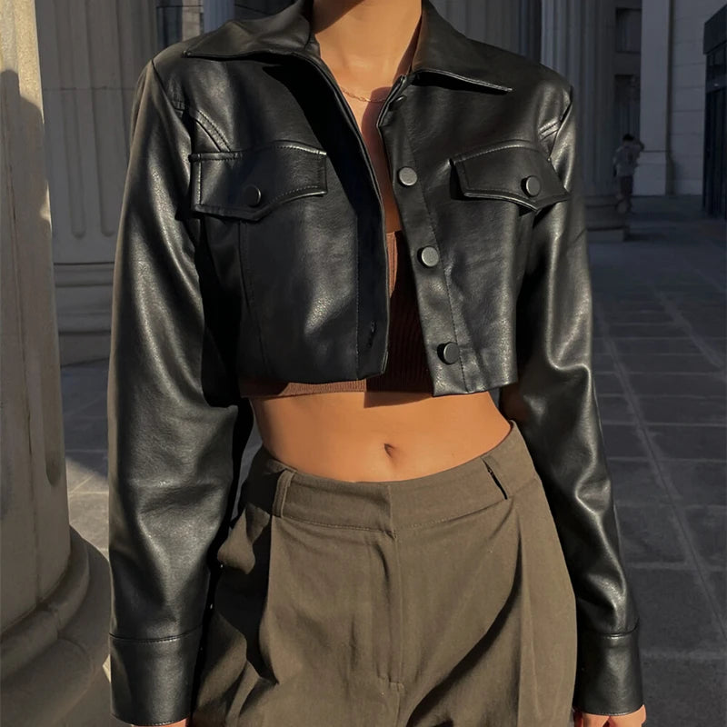 Harlow – Women’s Faux Leather Cropped Jacket with Button Front