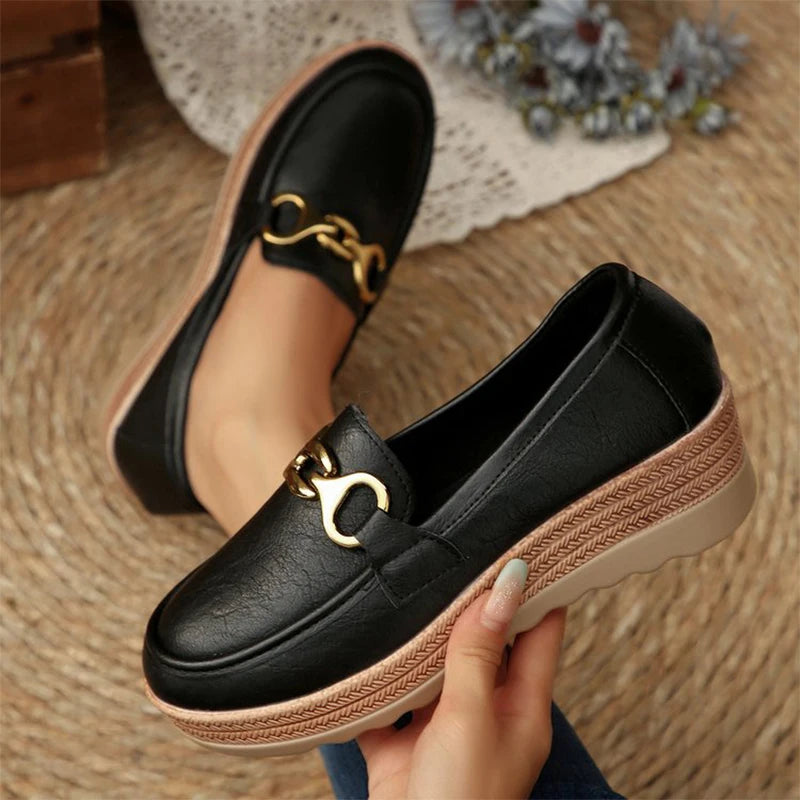 Chelsea – Women’s PU Leather Wedge Loafers with Metal Detail