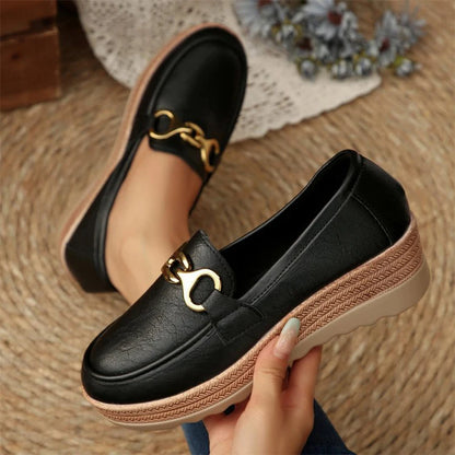 Chelsea – Women’s PU Leather Wedge Loafers with Metal Detail