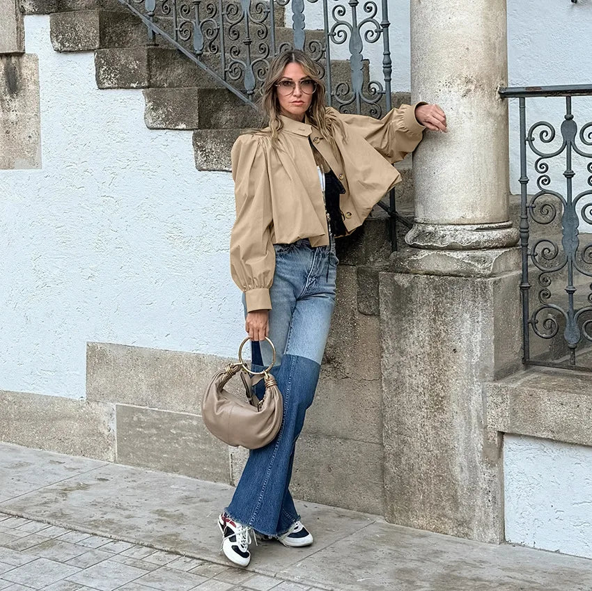 Amari – Women’s Pleated Cropped Jacket with Stand Collar