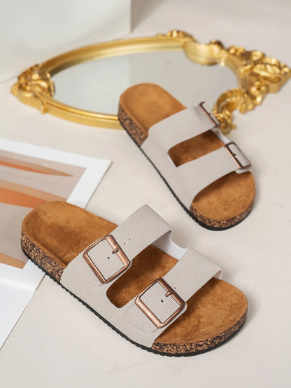 Cleo – Women’s Black PU Leather Open-Toe Slip-On Flat Sandals