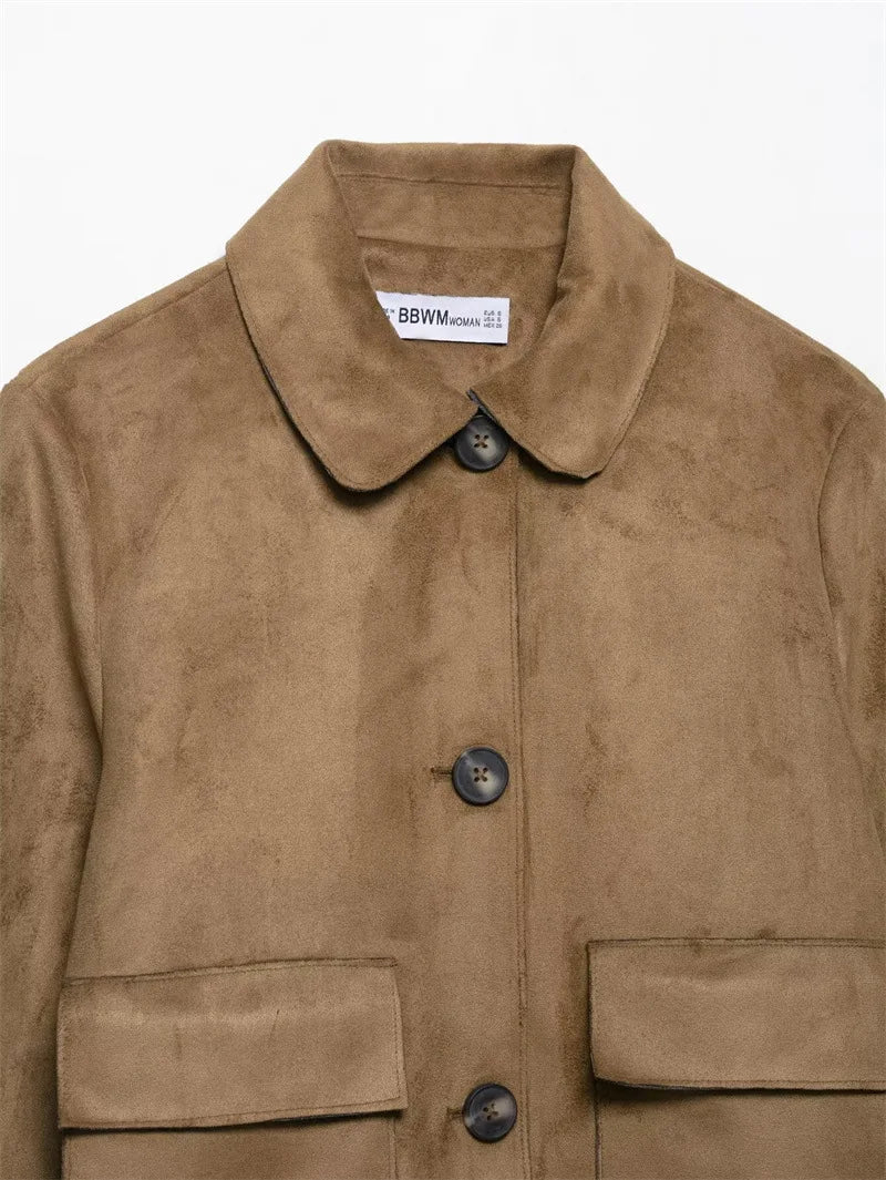 Charlee – Women’s Faux Suede Cropped Jacket with Lapel and Flap Pockets