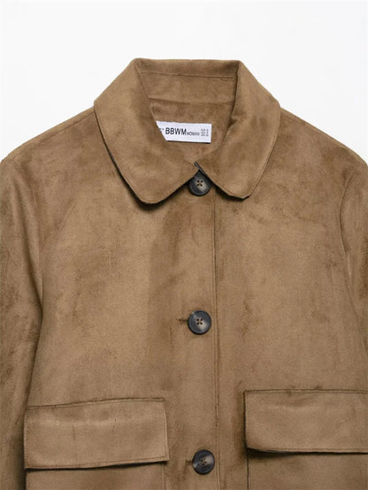 Charlee – Women’s Faux Suede Cropped Jacket with Lapel and Flap Pockets