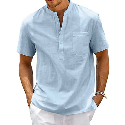 Nicholas – Men’s Cotton Linen Henley Shirt Short Sleeve Casual