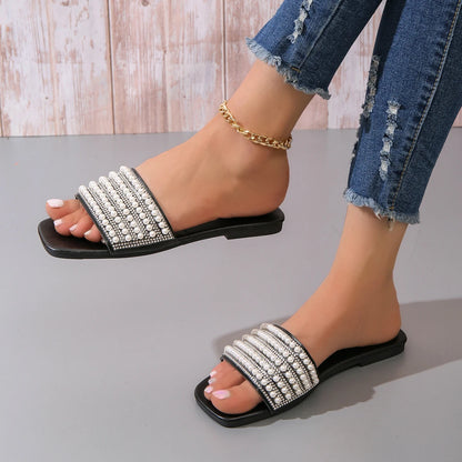 Meadow – Women’s Flat Sandals with Pearl and Rhinestone Detail