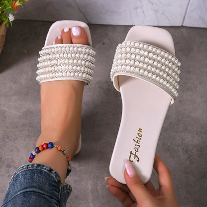 Meadow – Women’s Flat Sandals with Pearl and Rhinestone Detail