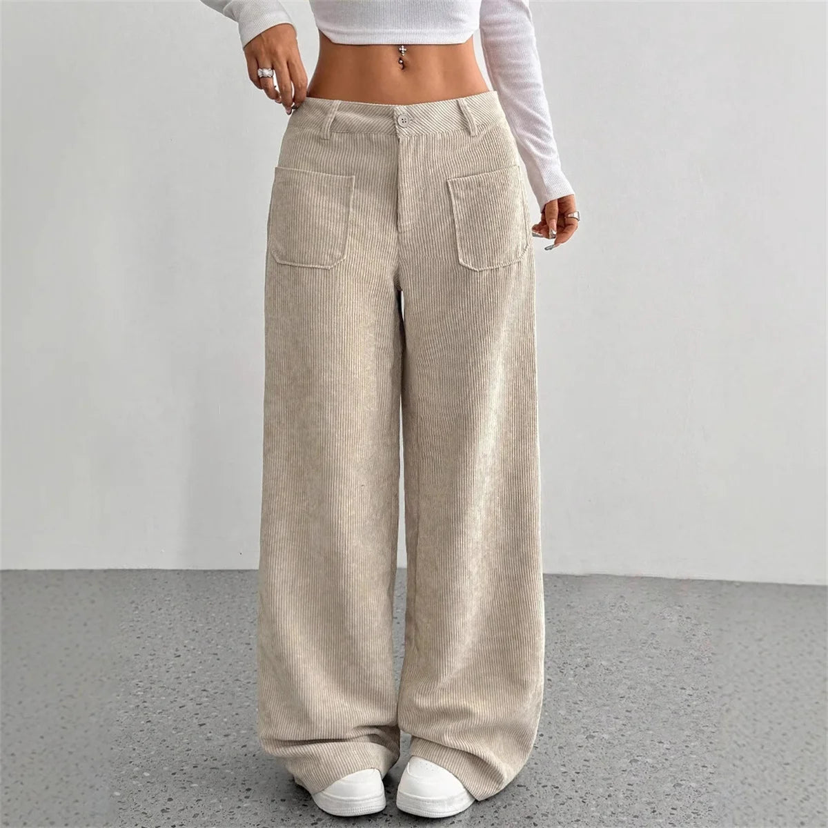 Ivory – Women’s High-Waisted Wide-Leg Corduroy Pants