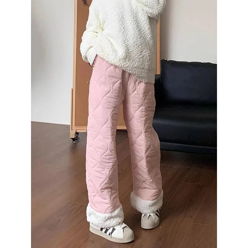 Madilynn – Women’s Pink Fleece Wide-Leg Pants with High Waist