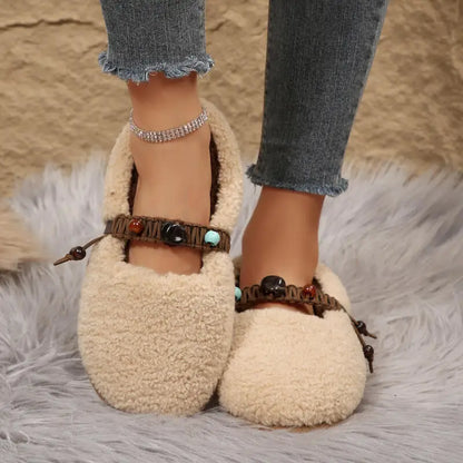 Christa – Women’s Plush Fur Ballet Flats with Coloured Beads