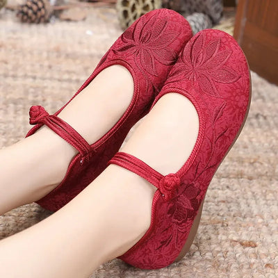 Women’s Retro Embroidered Ballet Flats – Canvas Slip-On Anti-Skid Sole