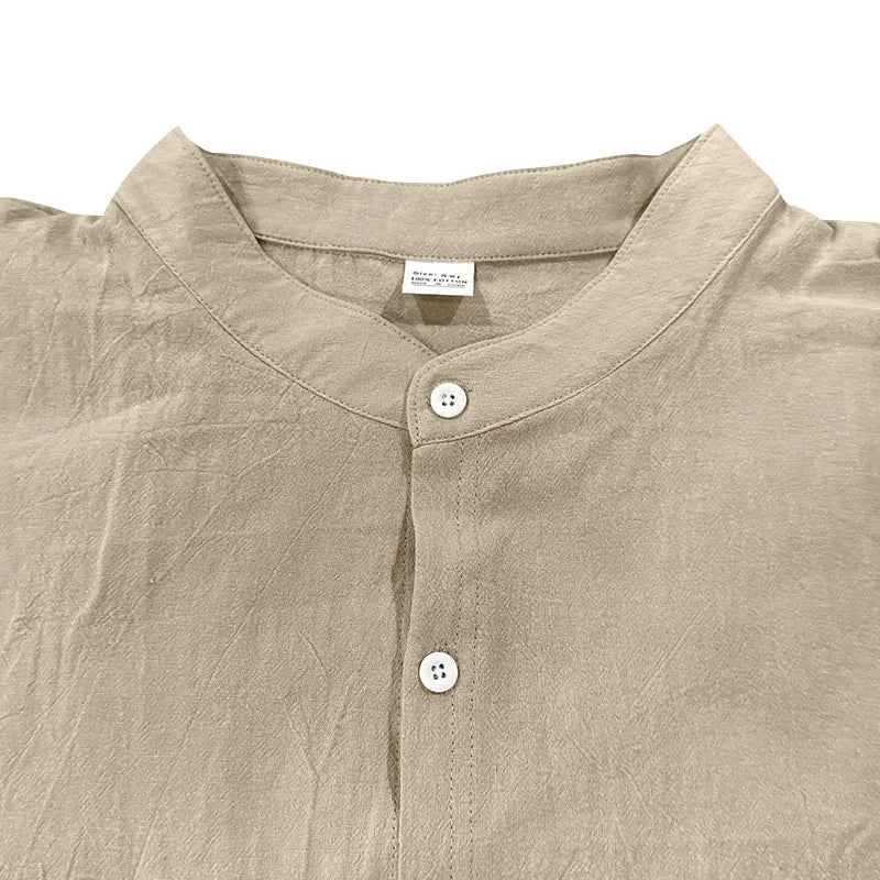 Michael – Men’s Linen Mandarin Collar Shirt with Chest Pocket