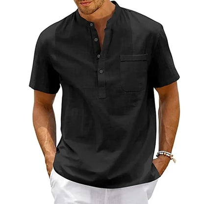Nicholas – Men’s Cotton Linen Henley Shirt Short Sleeve Casual