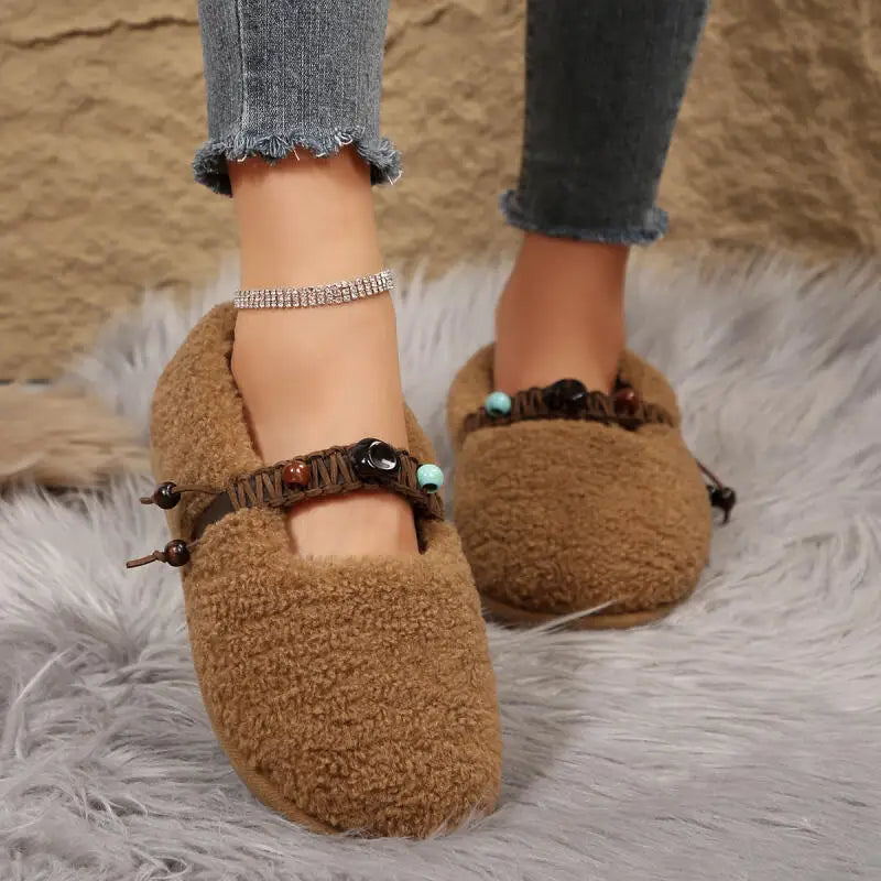 Christa – Women’s Plush Fur Ballet Flats with Coloured Beads