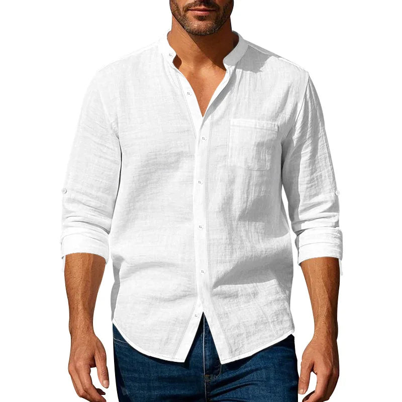 Michael – Men’s Linen Mandarin Collar Shirt with Chest Pocket