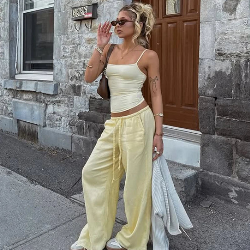 Bianca – Women’s High-Waisted Wide-Leg Linen Pants with Drawstring