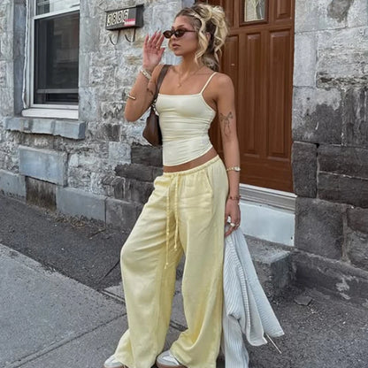 Bianca – Women’s High-Waisted Wide-Leg Linen Pants with Drawstring