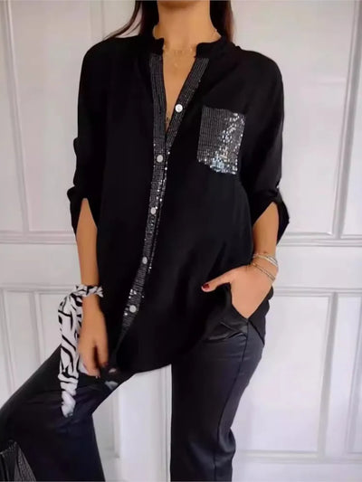 Delaney – Women’s V-Neck Blouse Long Sleeve Sequin Loose Fit