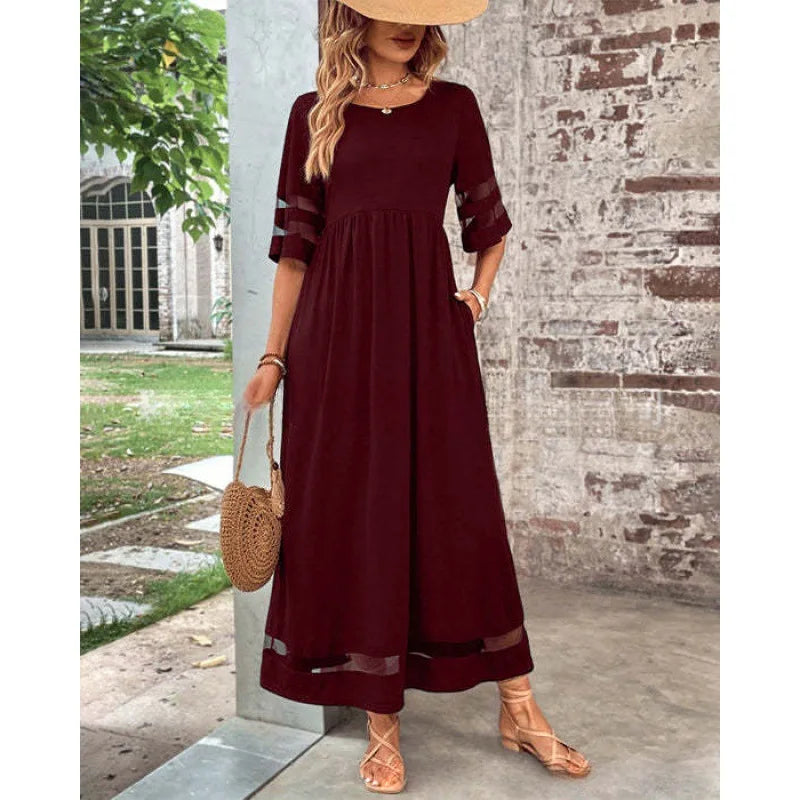 Women’s Retro Mesh Patch Loose Casual Long Dress