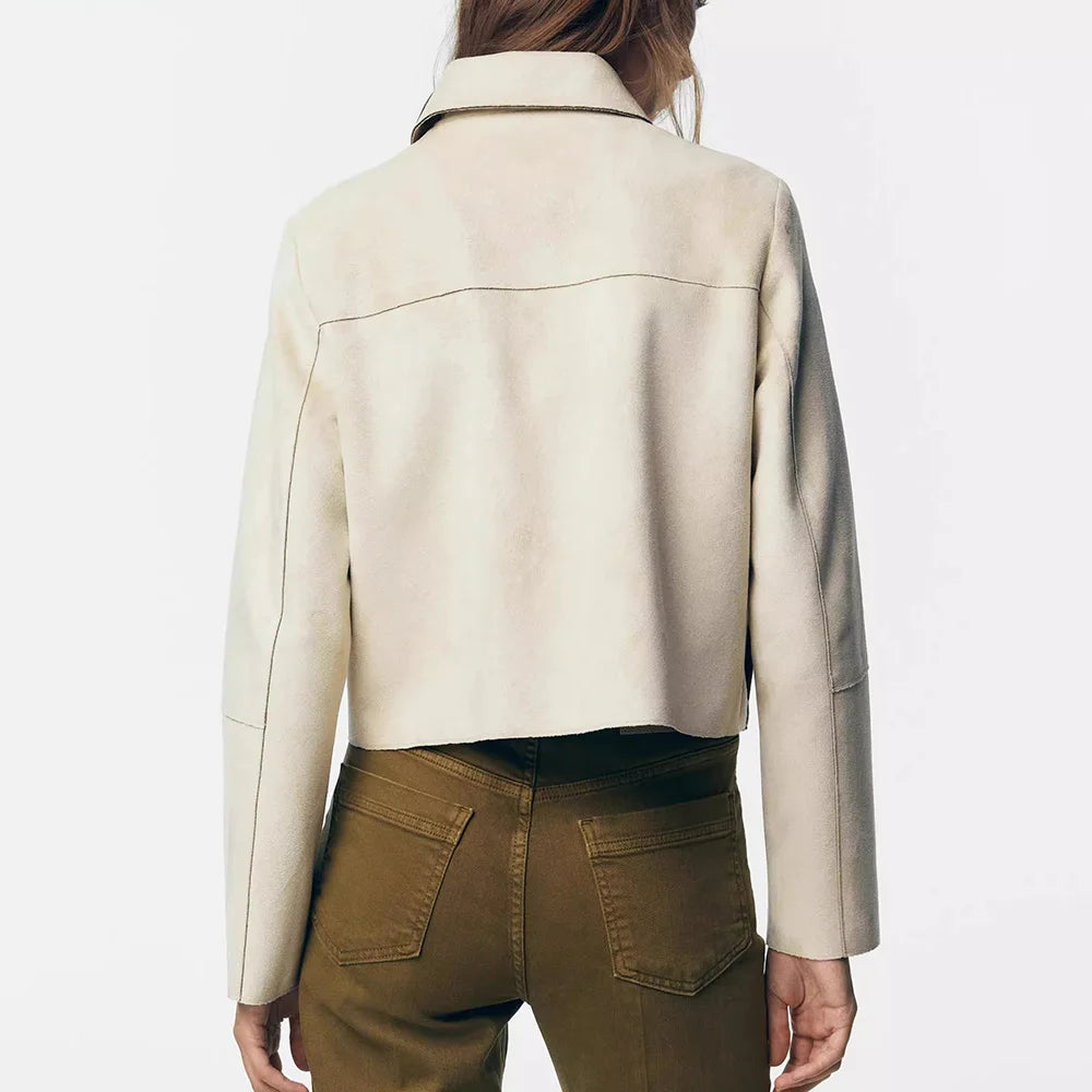 Charlee – Women’s Faux Suede Cropped Jacket with Lapel and Flap Pockets