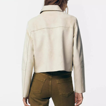 Charlee – Women’s Faux Suede Cropped Jacket with Lapel and Flap Pockets