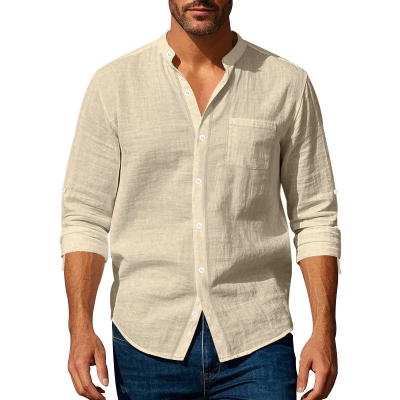 Michael – Men’s Linen Mandarin Collar Shirt with Chest Pocket