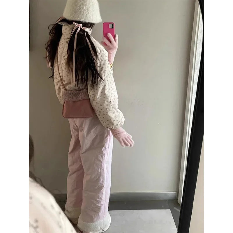 Madilynn – Women’s Pink Fleece Wide-Leg Pants with High Waist