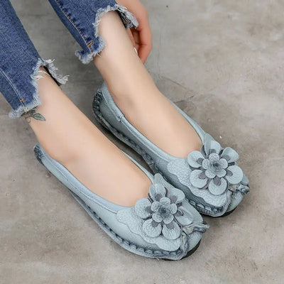 Genuine Leather Women’s Flats Slip-On Loafers Floral Casual Shoes