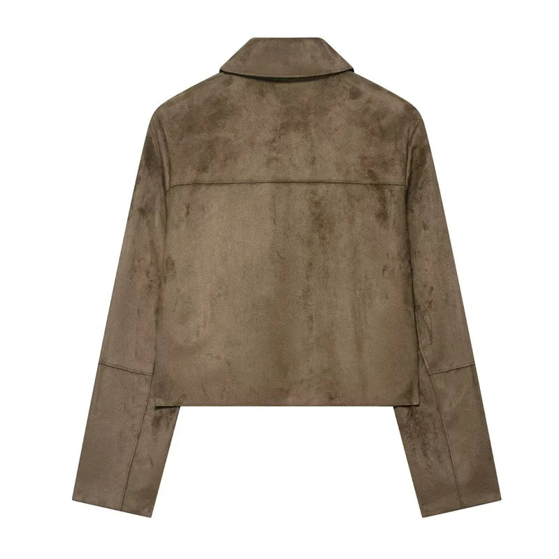 Charlee – Women’s Faux Suede Cropped Jacket with Lapel and Flap Pockets