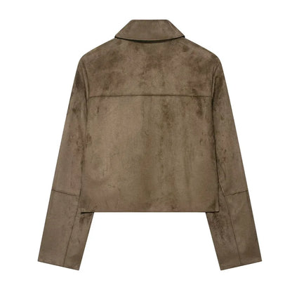 Charlee – Women’s Faux Suede Cropped Jacket with Lapel and Flap Pockets