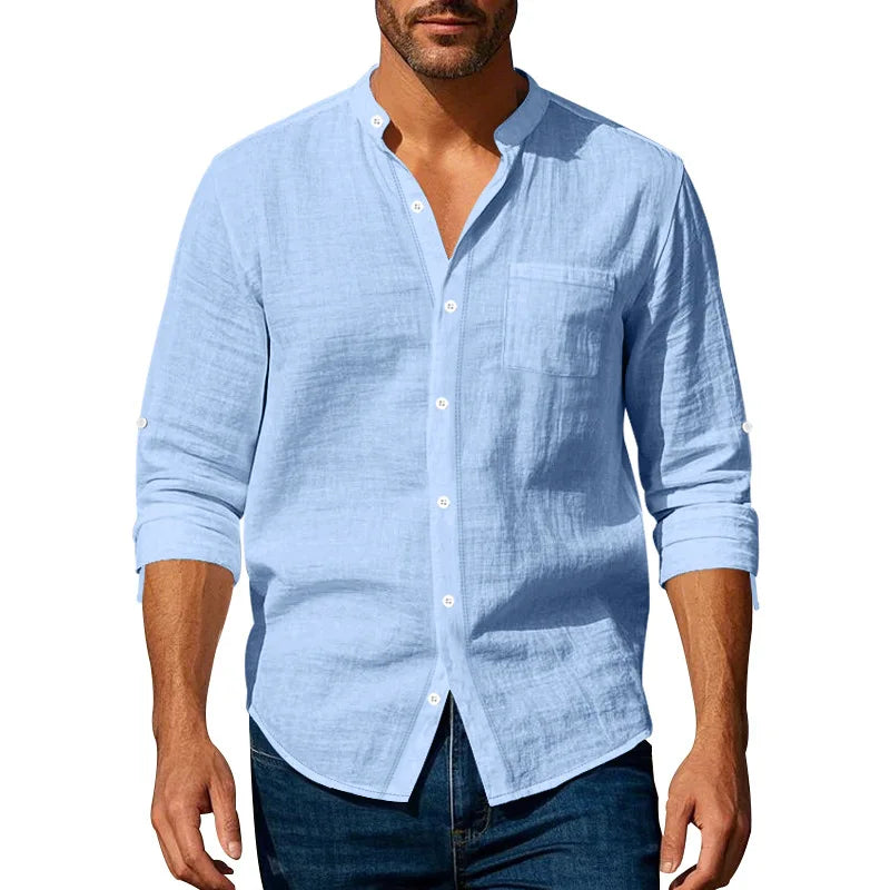Michael – Men’s Linen Mandarin Collar Shirt with Chest Pocket