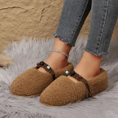 Christa – Women’s Plush Fur Ballet Flats with Coloured Beads