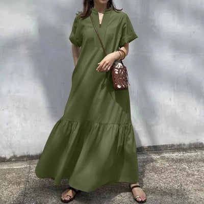 Casual Retro V-Neck Short Sleeve A-Line Maxi Dress Solid Colour