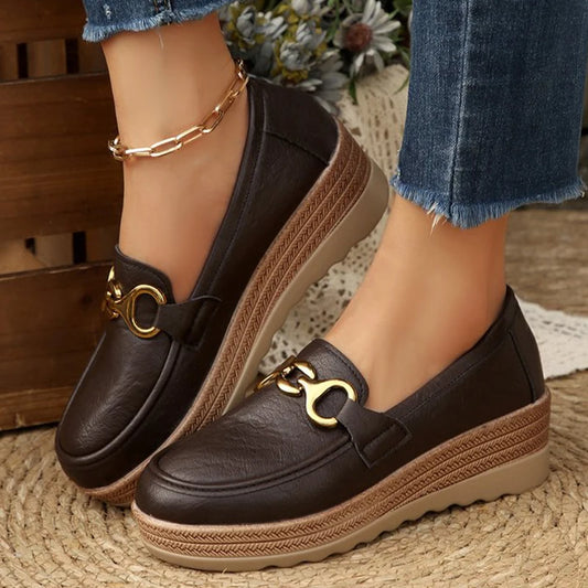 Chelsea – Women’s PU Leather Wedge Loafers with Metal Detail