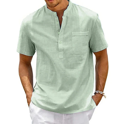 Nicholas – Men’s Cotton Linen Henley Shirt Short Sleeve Casual