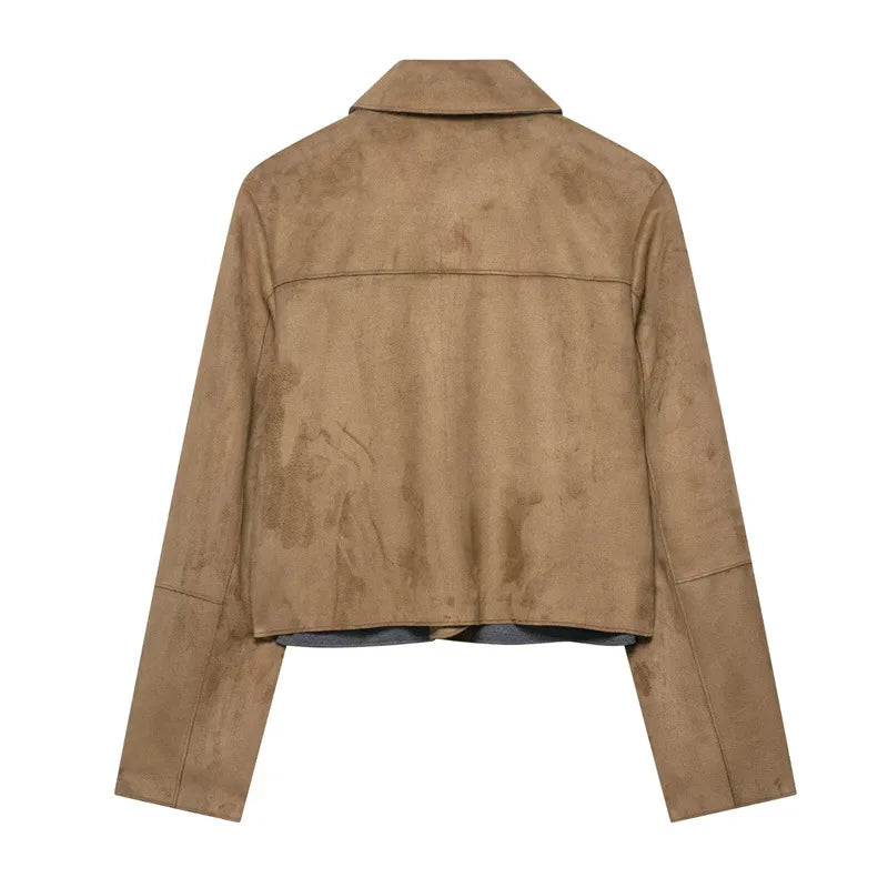Charlee – Women’s Faux Suede Cropped Jacket with Lapel and Flap Pockets