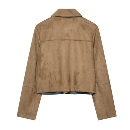 Charlee – Women’s Faux Suede Cropped Jacket with Lapel and Flap Pockets
