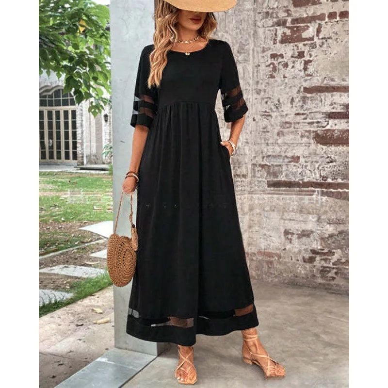 Women’s Retro Mesh Patch Loose Casual Long Dress