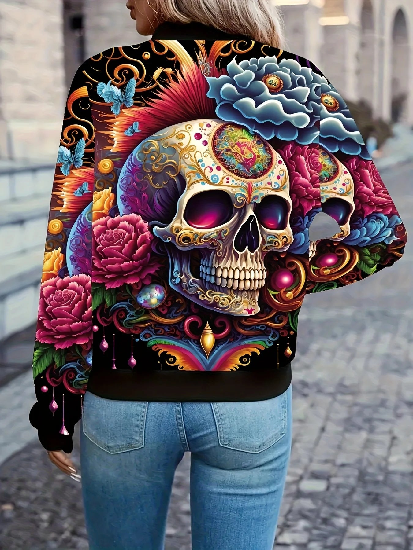 Gia – Women’s Graphic Print Zip Bomber Jacket with Skull Design