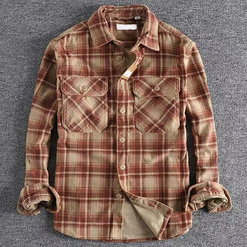 Robert – Men’s Corduroy Plaid Long Sleeve Button-Up Shirt