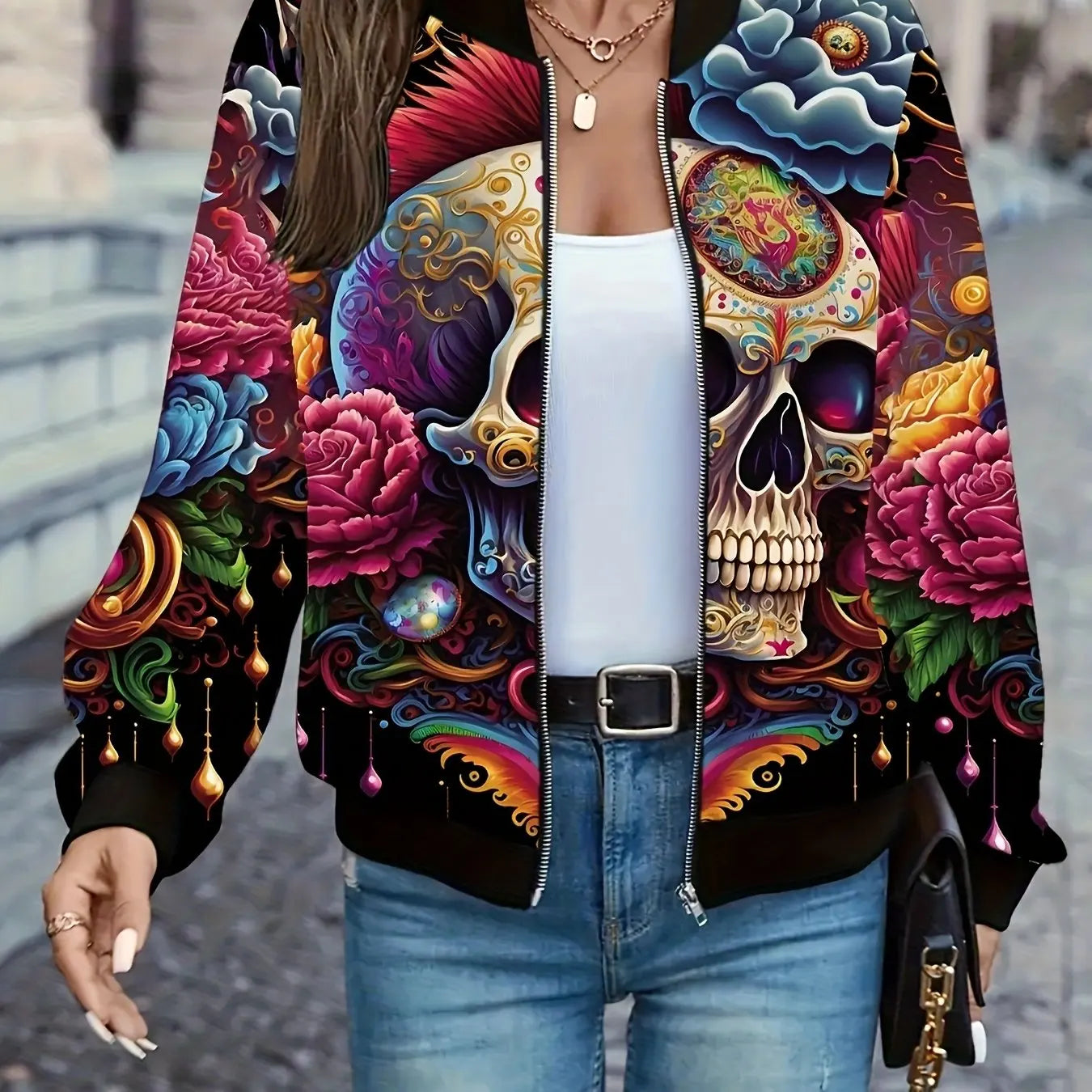 Gia – Women’s Graphic Print Zip Bomber Jacket with Skull Design