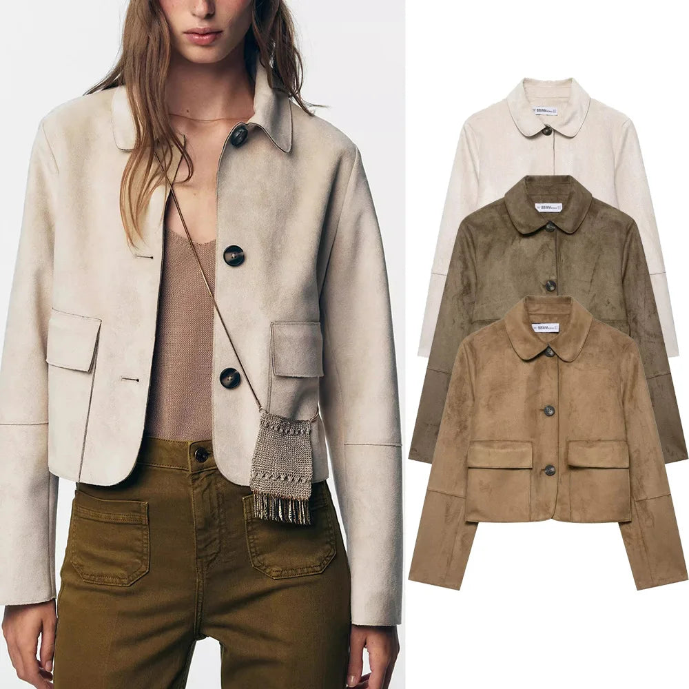 Charlee – Women’s Faux Suede Cropped Jacket with Lapel and Flap Pockets