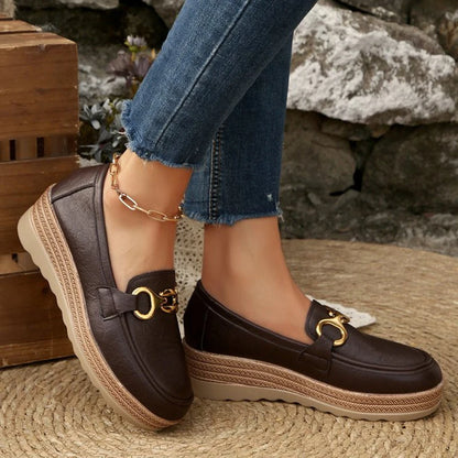 Chelsea – Women’s PU Leather Wedge Loafers with Metal Detail