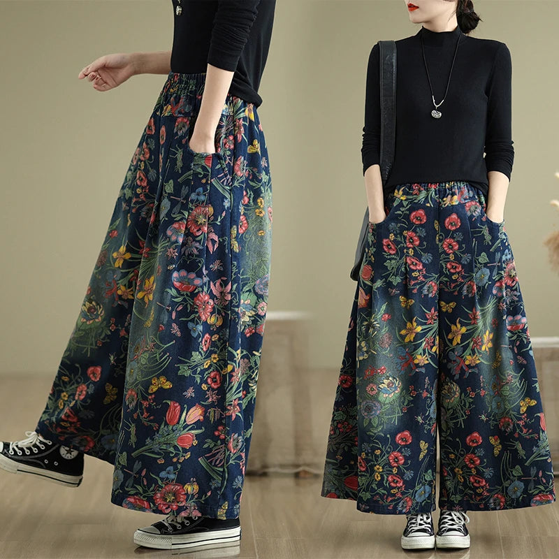 Aubriella – Plus Size High-Waisted Denim Wide-Leg Pants with Floral Print